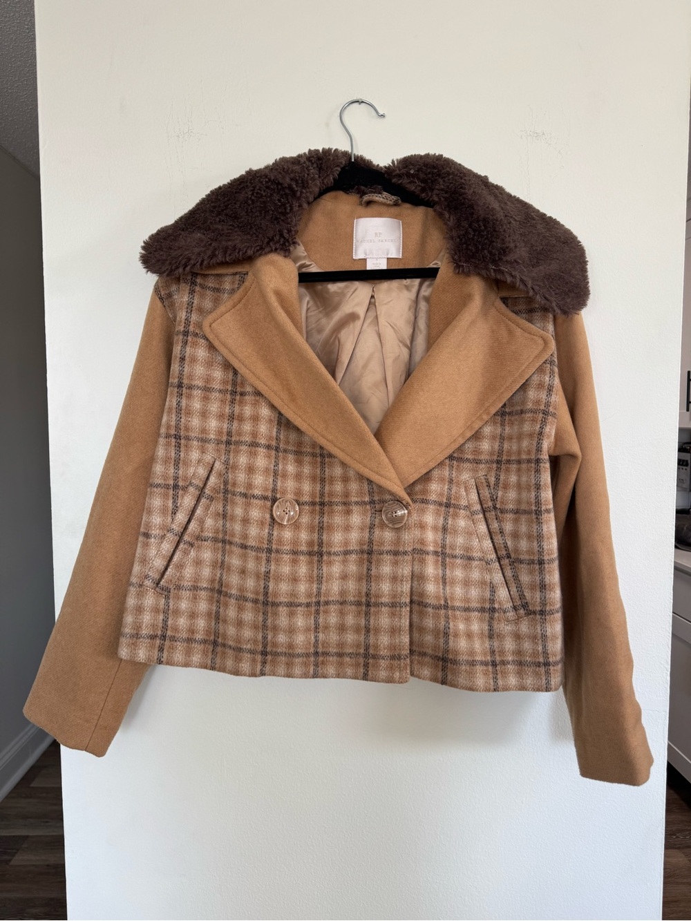 Rachel Parcell Camel Brown Cropped Jacket Faux Fur Collar Wool Blend Coat